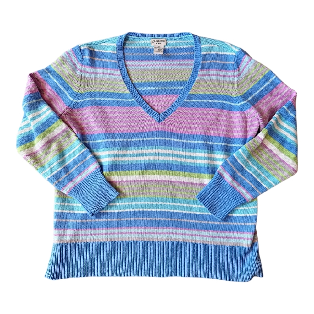Vintage 90s V Neck Pastel Striped Spring Sweater Size Xl Coastal Grandmother